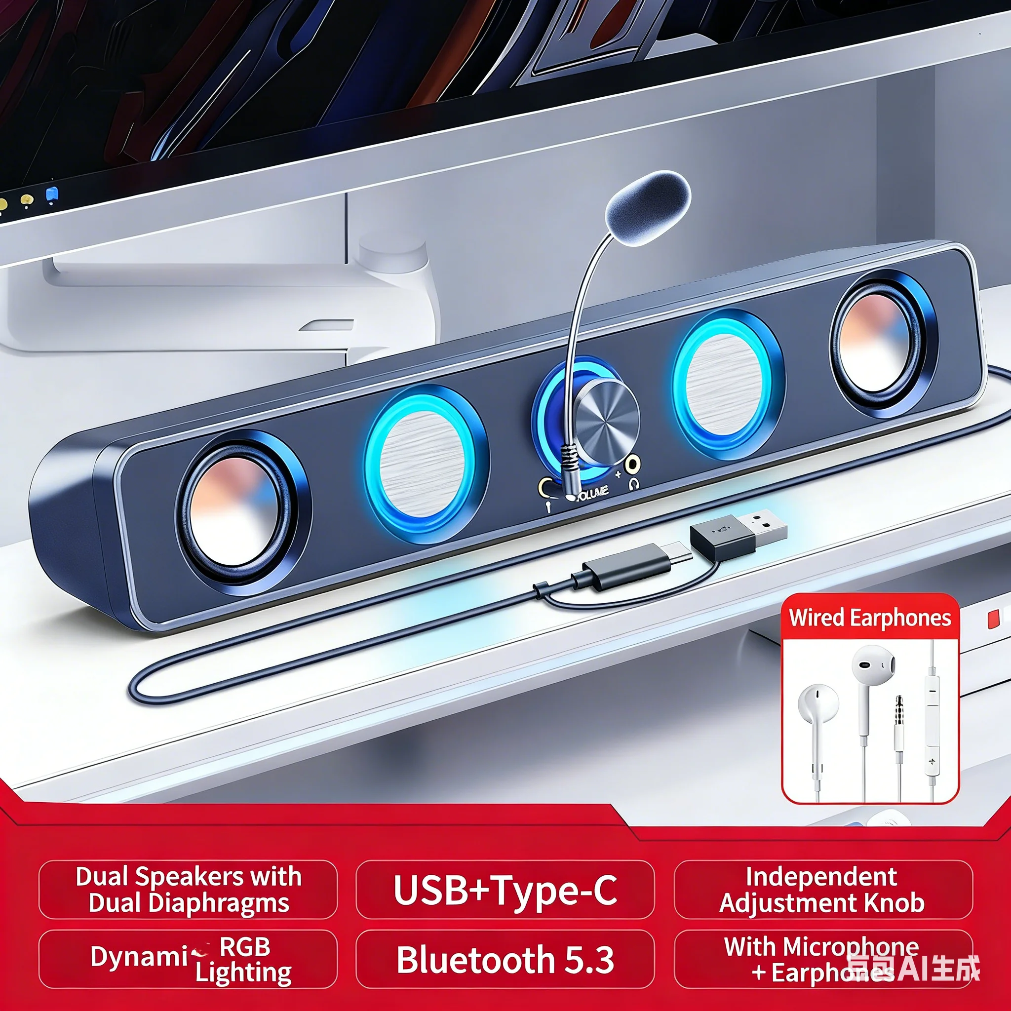 RGB Gaming Soundbar 2.0 Surrou - Rgb Computer Soundbar For Pc recension och pris